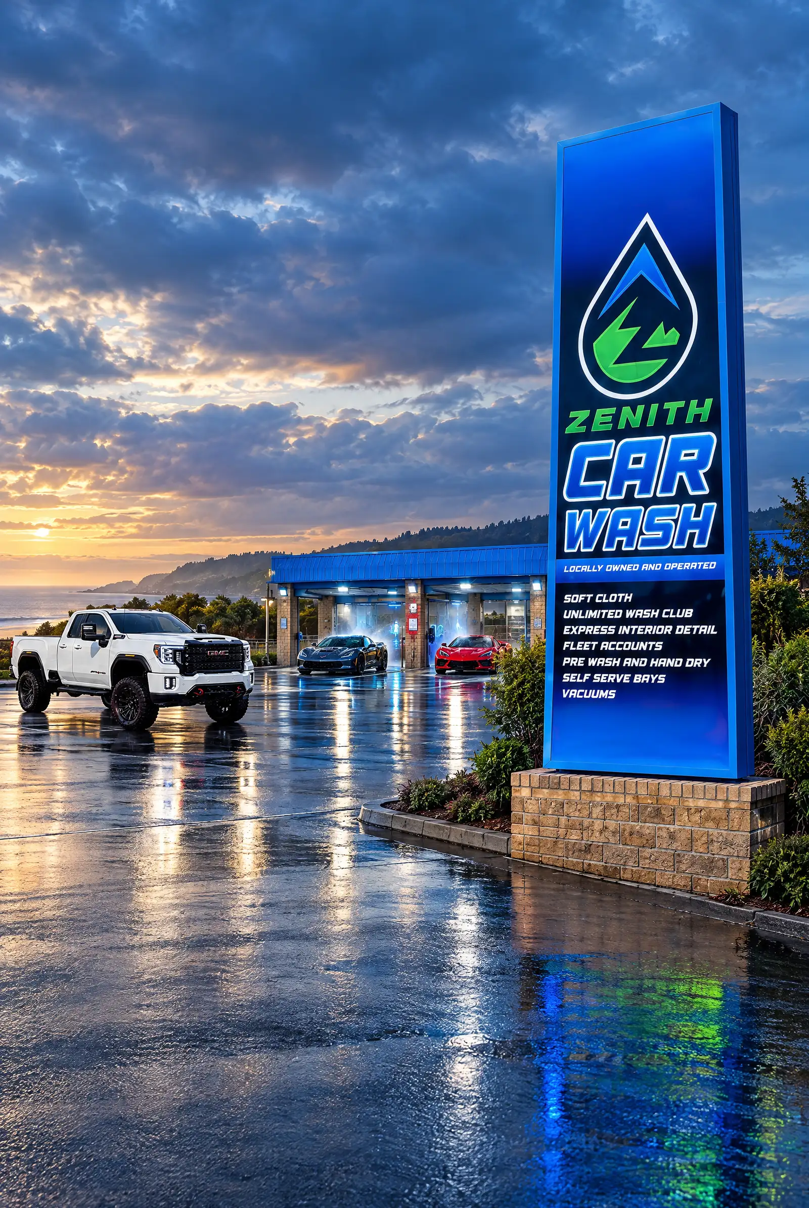 The Zenith Car Wash sign at dusk over the wet lot, cars at the bays behind it