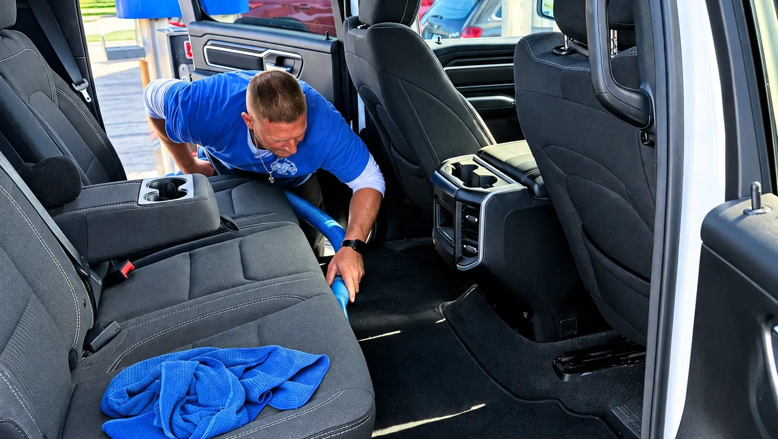 A Zenith crew member wiping down the back seat of a truck during an interior clean